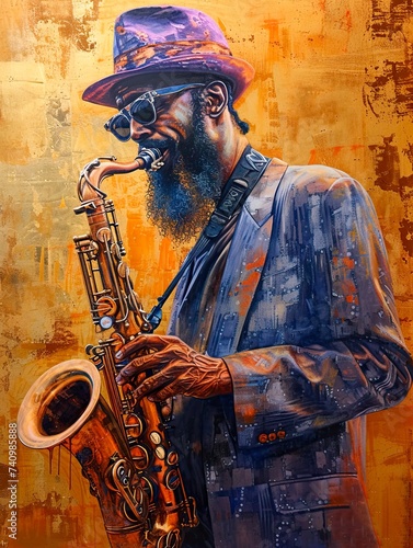This image features a colorful and expressive painting of a tall  bearded jazz musician dressed in a stylish blue suit and purple hat  deeply immersed in playing his golden saxophone against a warm  t