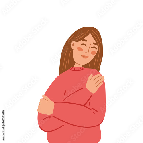 Hand drawn vector illustration of girl hugging herself, self love and self care concept