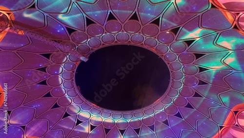 Colorful digital display projection on the ceiling with abstract kaleidoscope pattern