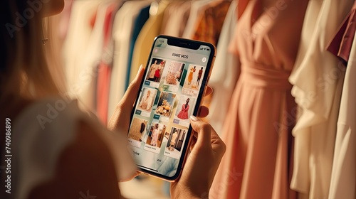 Close-up over the shoulder shot, a female uses a smartphone with an online fashion store interface, checking prices on stylish branded items.
