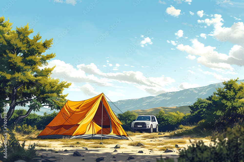 Camping tent close up concept of traveling on dirt roads on an off-road vehicle.