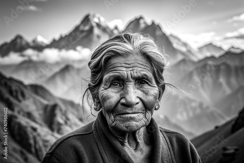 Black and White Portrait of an Older Woman with a Serene Expression © bingo