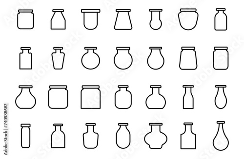 Vector line icon set flask different shape. Illustration glass bottle symbol design. Chemistry or science laboratory tube. Element container linear and simple collection jug variation