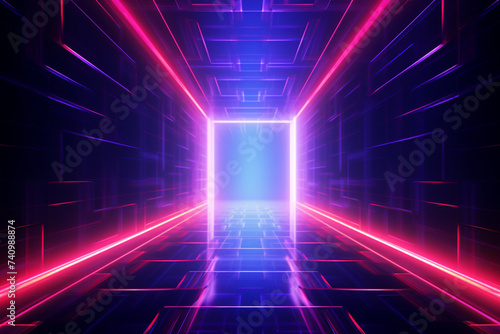 3d render, abstract background, square portal, red neon lights, virtual reality, glowing lines, pink blue, ultraviolet spectrum, laser show, smoke, fog, terrain, ground © Ahmed