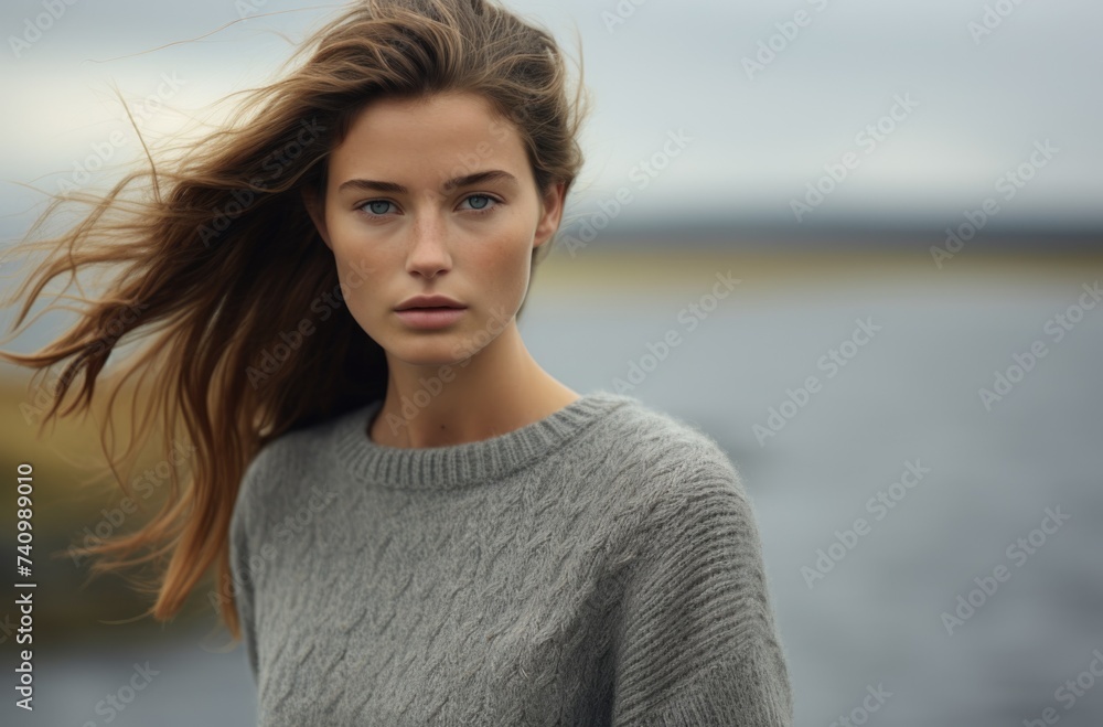 Serene coastal portrait of a young woman in a gray sweater at dusk. Serene coastal portrait of a young woman in a gray sweater at dusk.