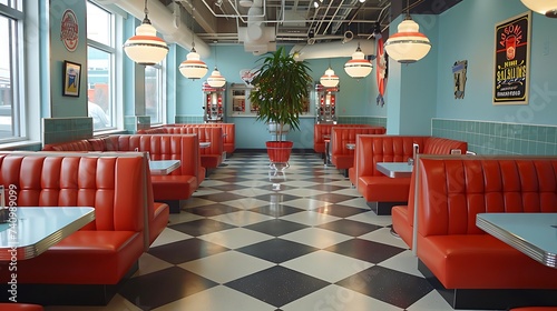 Retro diner inspired office with booth seating and vintage soda fountains, large, scale workplace design