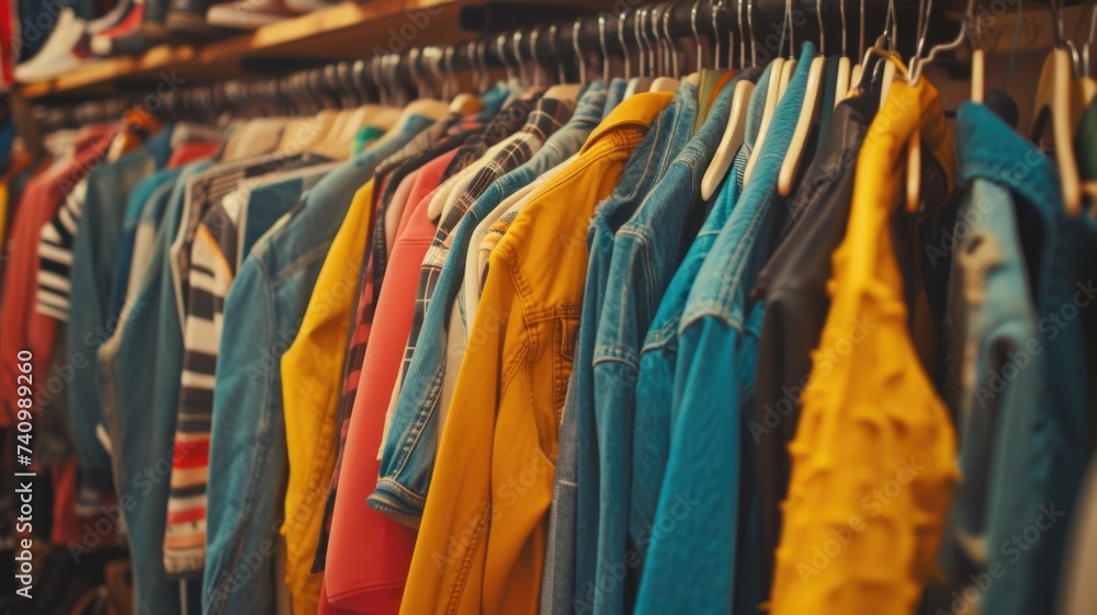 Color-Coordinated Selection of Outerwear on Rack in Clothing Store, Assorted Fashionable Vintage Clothing on Hangers second-hand clothing,