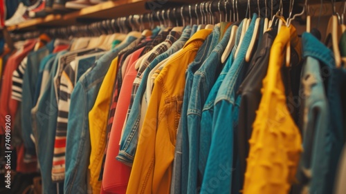 Color-Coordinated Selection of Outerwear on Rack in Clothing Store, Assorted Fashionable Vintage Clothing on Hangers second-hand clothing, © Anna