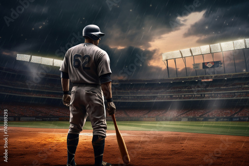 A baseball batter ready to throw baseball. He is wearing unbranded generic baseball uniform. The game takes place on outdoor baseball stadium under stormy evening sky at sunset photo