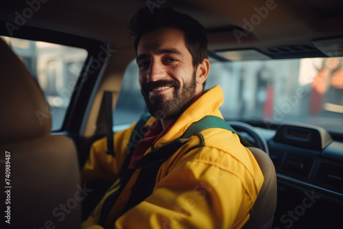 A smiling Caucasian male working as a taxi driver