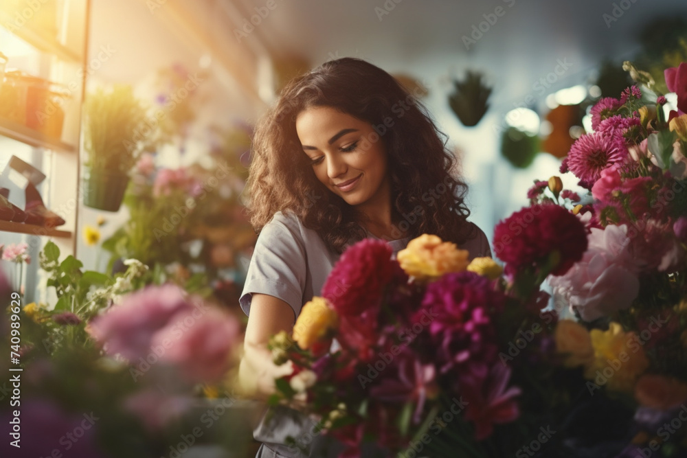 A young female florist is working in a modern flower store and smelling colorful flowers 