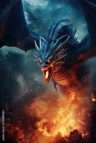 Digital painting Shadow Monster dragon with realistic dark lightning fire details for poster and graphic use