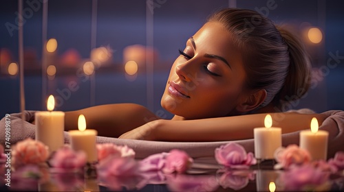 Tranquil Spa Retreat: Gems, candles, and flowers set the stage for a spa concept, with a woman peacefully receiving a treatment