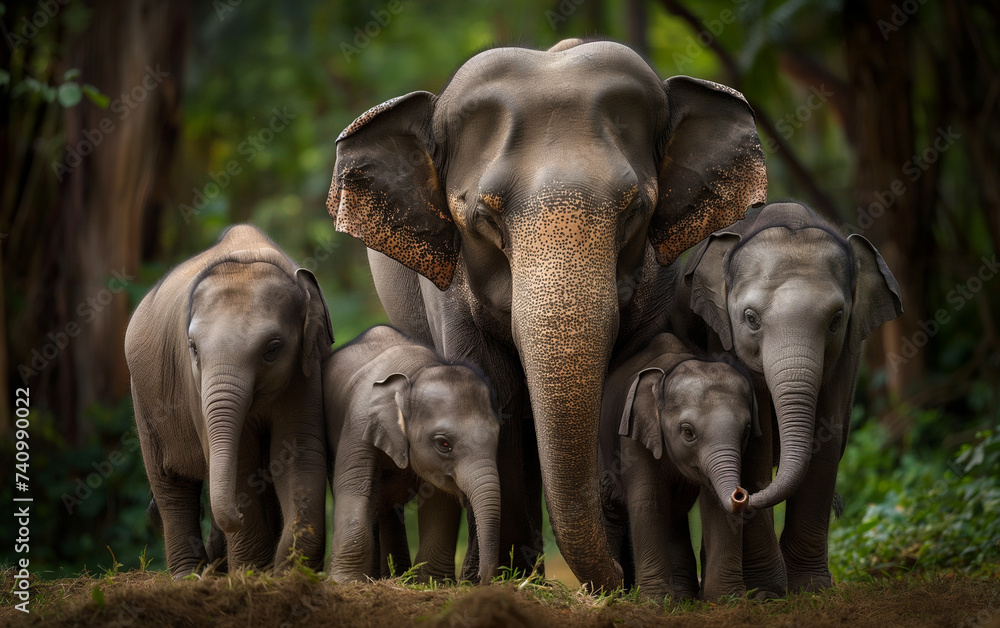 Fototapeta premium Elephant family in the woods. Generative AI