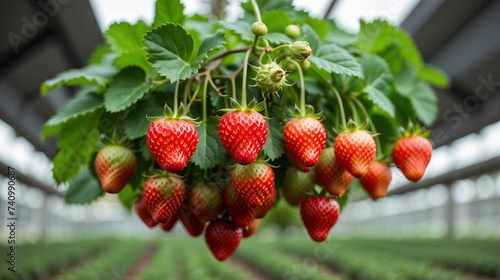 strawberries harvest in the indoor agriculture field. Delicious ripe strawberries from a modern greenhouse. industrial agriculture