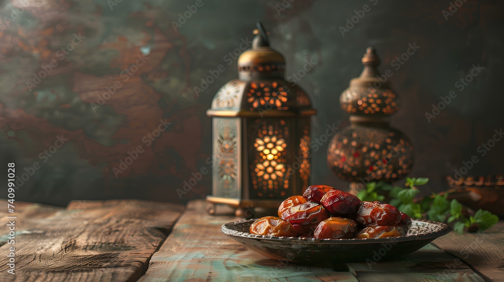 A plate full of dates with Ramadan lantern