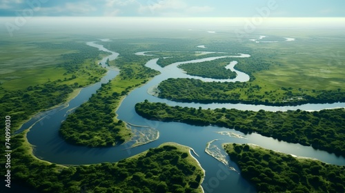 Aerial View of River Delta with Lush Greenery