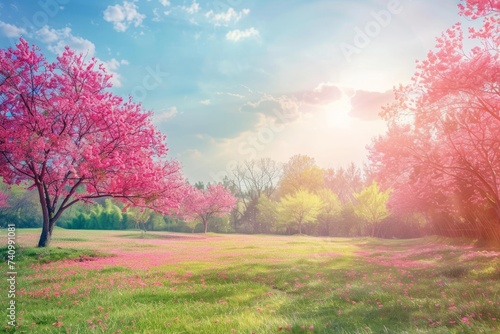 green fields of pink trees in nature under sunny sunshine Generative AI