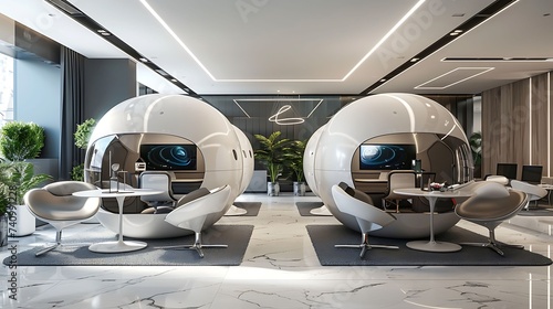 Space station inspired office with futuristic pods and zero, gravity chairs, modern office interior design