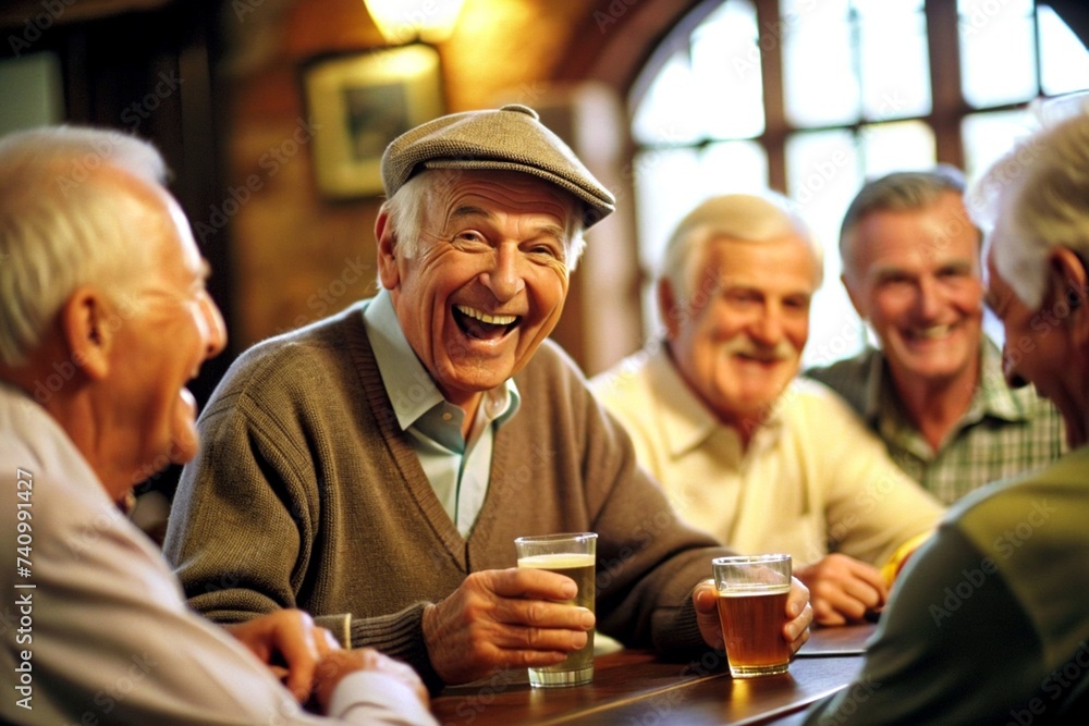 An Elderly Man Laughing Heartily with Friends Over Coffee