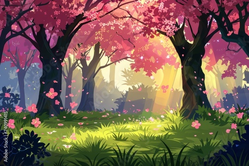 blossoming trees in a forest with grass and sunlight Generative AI