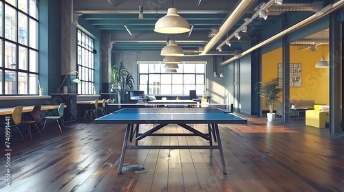 Startup office with flexible workstations and ping pong table, modern office interior design photo