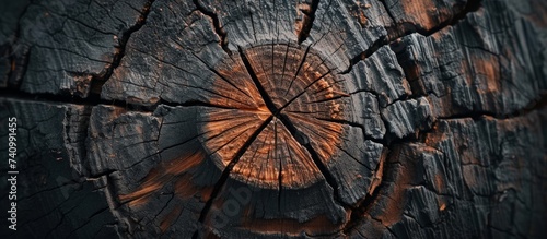 A close up shot of a tree stump with a hollow center  surrounded by grass. The stump shows the intricate patterns of wood and is shaped like a circle