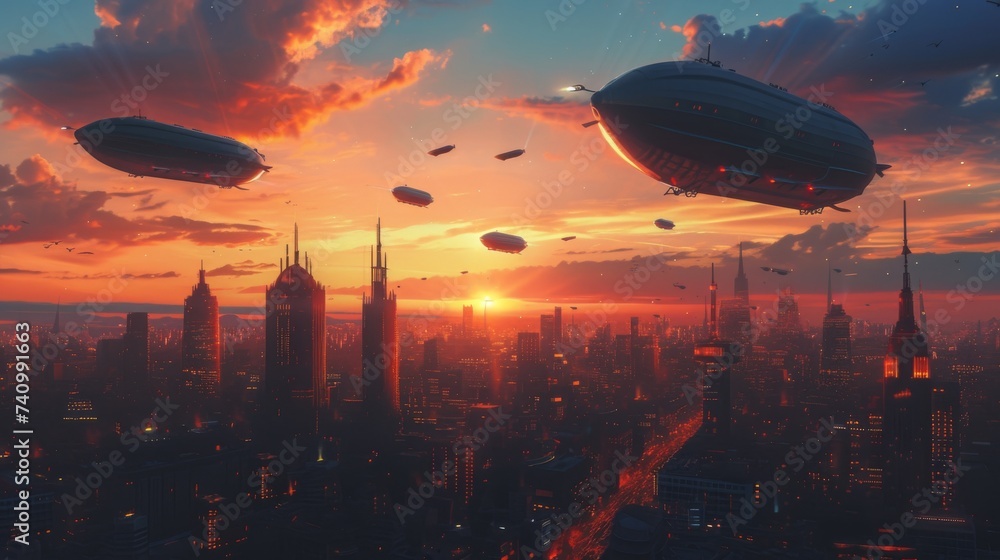 Multiple flying saucers flying over a city during sunset, A sunset over a bustling cityscape with blimps floating in the sky, AI Generated Multiple flying saucers flying over a city during sunset, A sunset over a bustling cityscape with blimps floating in the sky, AI Generated