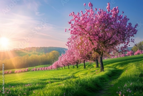 colorful blossoming tree lines a green landscape in spring Generative AI photo
