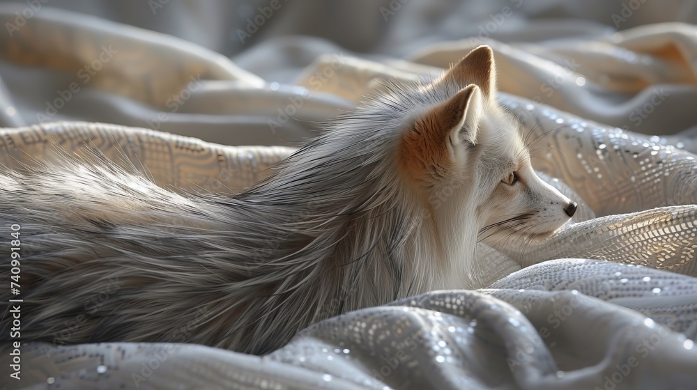Silver fox laying on glittering garnet.  - obrazy, fototapety, plakaty 