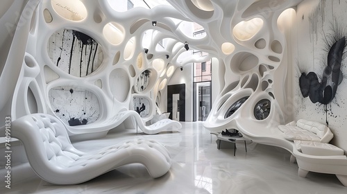 Surrealist art gallery office with abstract installations and mind, bending decor, modern office interior design photo