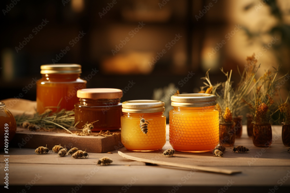 Organic honey products on wooden table Organic honey products on wooden table