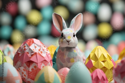 Expertly folded origami Easter bunny with pastel and origami egg arrangements easter themed, easter celebration, bunny, egg, resurrection