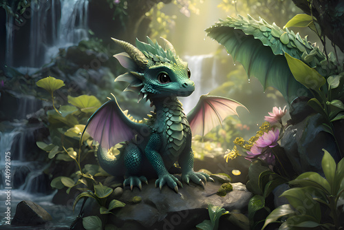 adorable cutest dragon kid seating at stone near waterfall around flowers.  2024 year chinise symbol.  AI generated photo