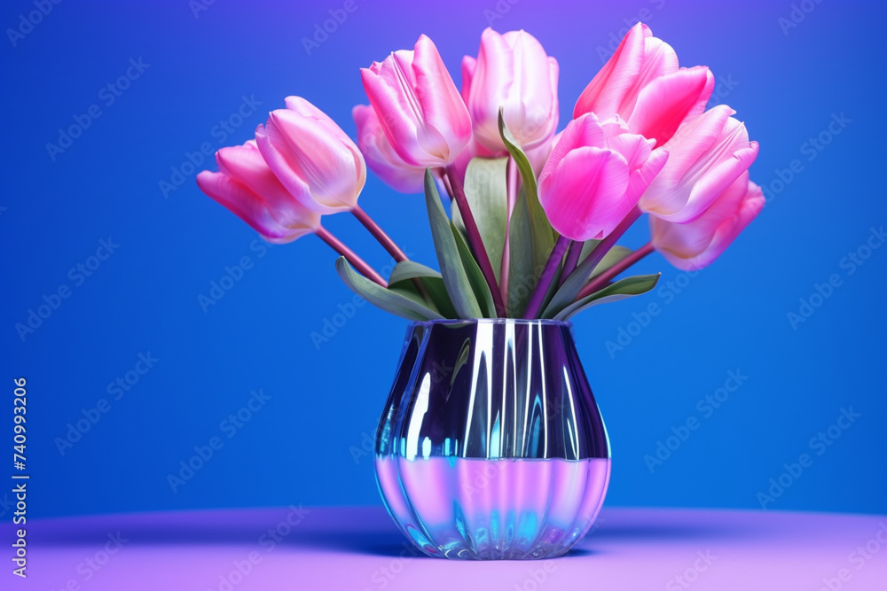 Obraz premium Purple tulip in a rainbow holographic glass vase on gradient background. Floral bouquet of fresh flower on blue pink background with colorful neon light and color shadows