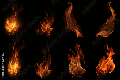 Set of burning hot fire flames isolated on black