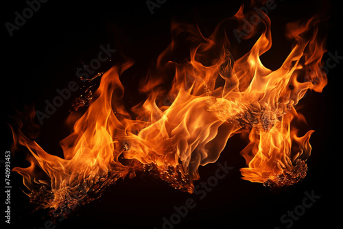 Set of burning hot fire flames isolated on black © Ahmed