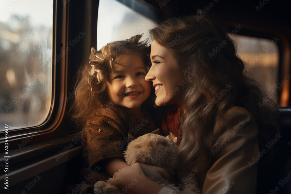 Smiling mother showing something to her little daughter while sitting in train and looking through the window - obrazy, fototapety, plakaty 