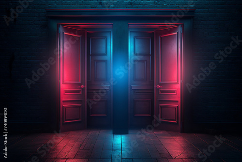 Two Doors opens and lets the red and blue light in. Useful for multiple concepts, choice, business opportunity, taking chances, hope