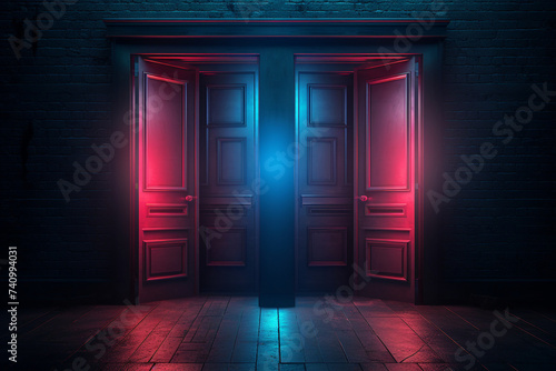 Two Doors opens and lets the red and blue light in. Useful for multiple concepts  choice  business opportunity  taking chances  hope