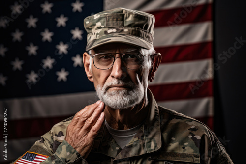 senior soldier saluting with flag