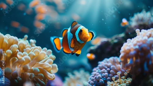Clown fish swimming in the corals.