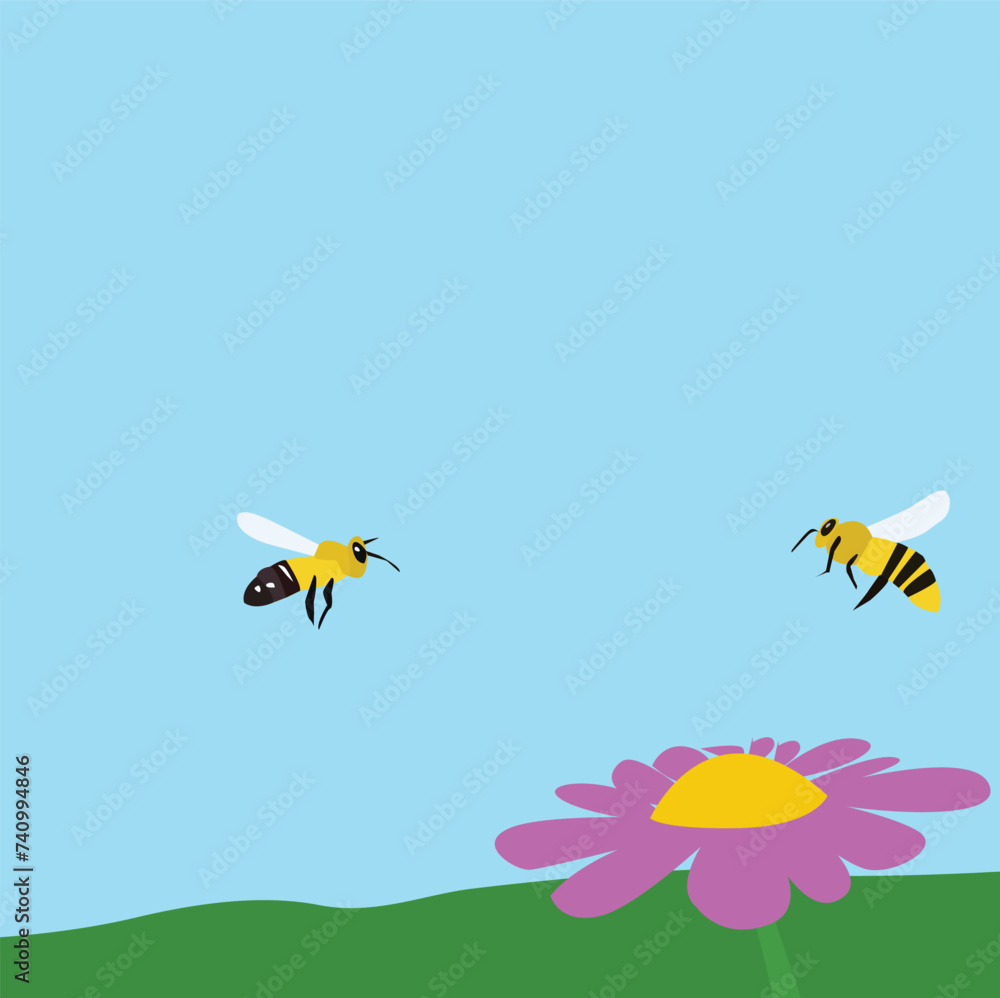 illustration of bees flying over a flower in nature