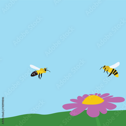 illustration of bees flying over a flower in nature