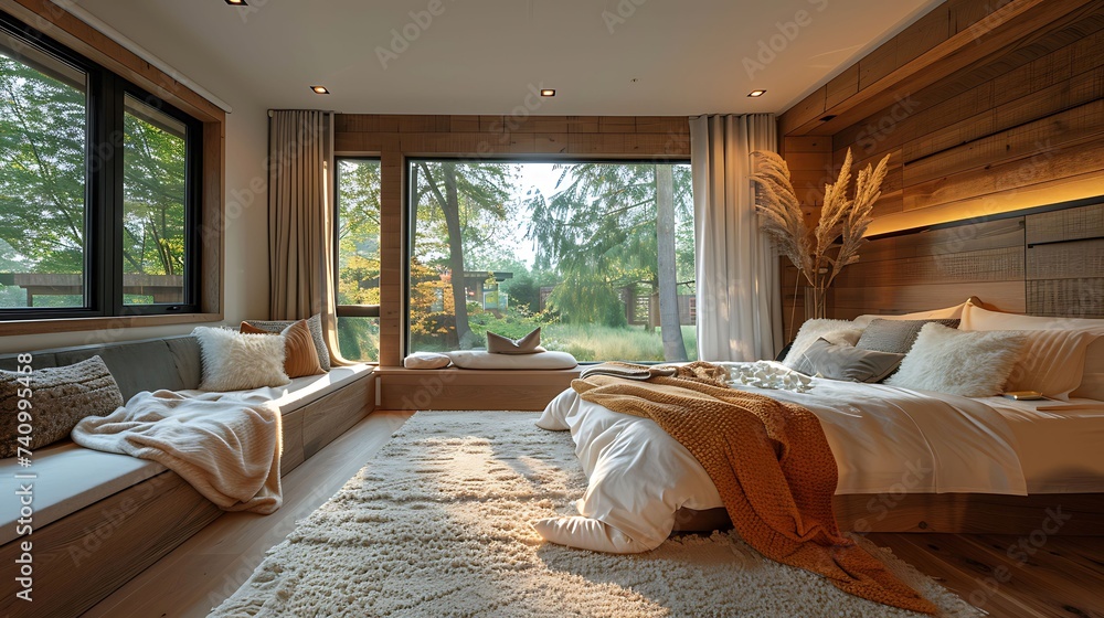 Warm and welcoming Scandinavian bedroom with a sunken seating area