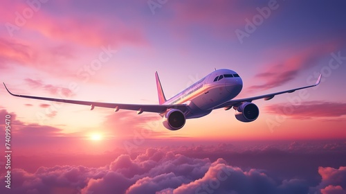 Airplane Flying in Colorful Sky at Sunset