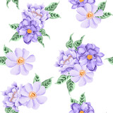Watercolor flowers pattern, lavanda color tropical elements, green leaves, white background, seamless