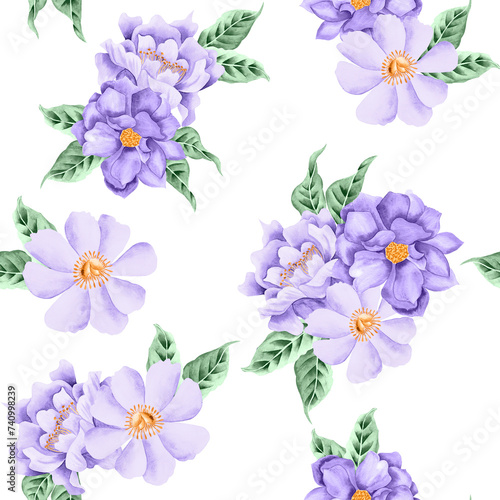 Watercolor flowers pattern, lavanda color tropical elements, green leaves, white background, seamless