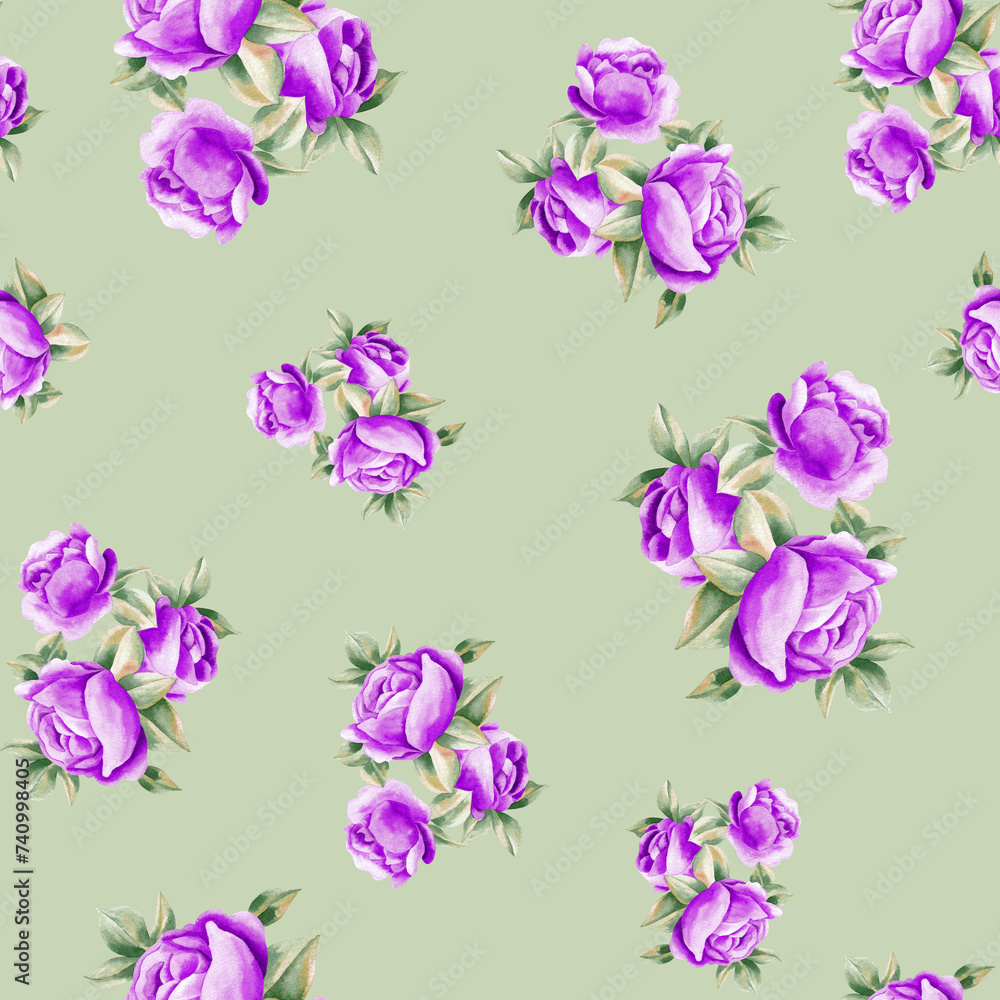 Watercolor flowers pattern, purple tropical elements, green leaves, green background, seamless
