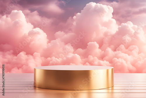 Golden Empty table top Stage, Light pink sky clouds luxury abstract Background product Display 